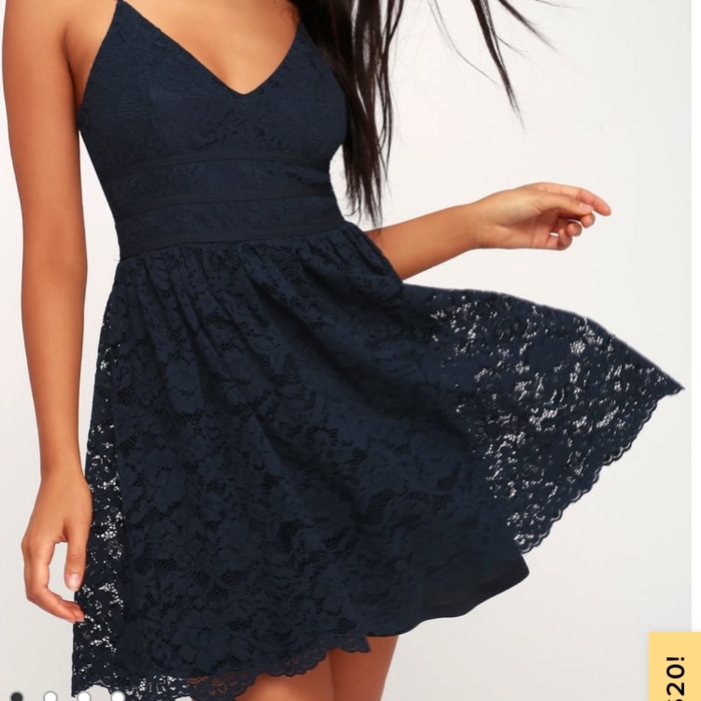 Lulus Wish Me Luxe Navy Blue Lace Skater Dress